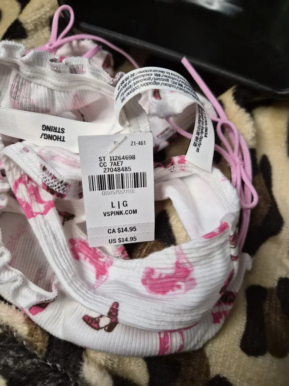PINK Victoria's Secret White Bikini Thong with Pink Shoe Print
